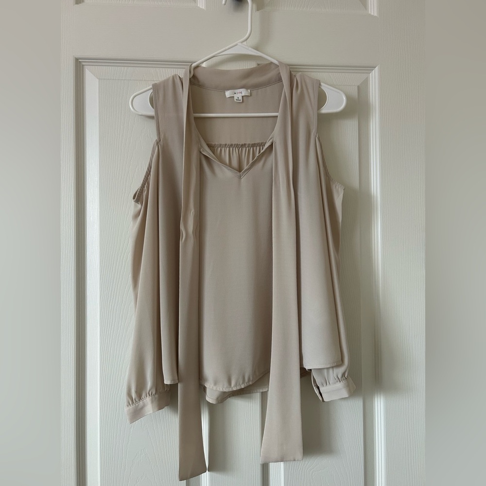 Mine Cream Long Sleeve Cut Out Tie Front Blouse